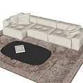 Modern Beige Sofa with Pillows and Dark Gray Coffee Table on Patterned Rug 3d model