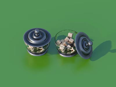 Cube Shaped Food Storage In Glass Jars With Lids On Green Background 3d model