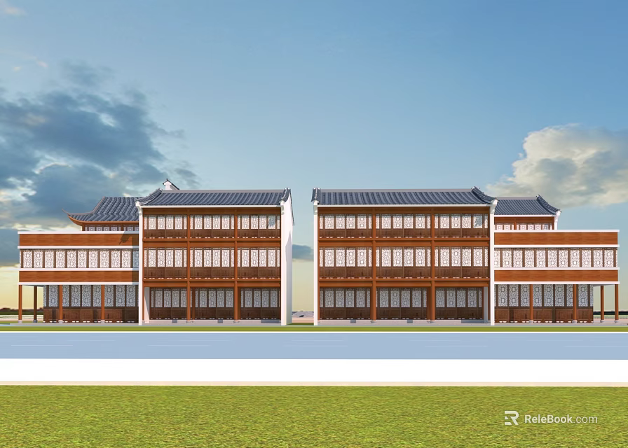 Ancient Architecture Featuring Twin Symmetrical Multi Story Buildings Traditional Sloped Roof Wooden Facades And Windows 3d model 