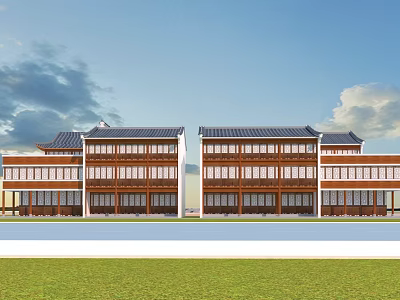 Ancient Architecture Featuring Twin Symmetrical Multi Story Buildings Traditional Sloped Roof Wooden Facades And Windows 3d model