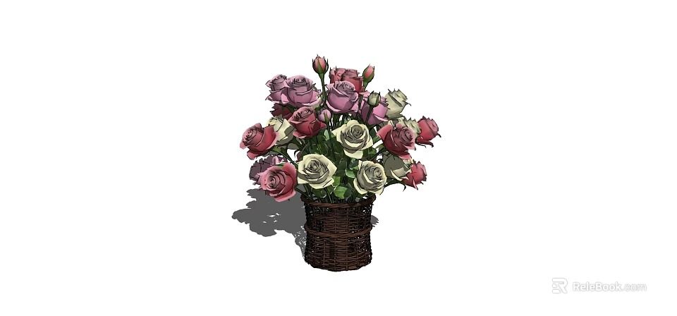 Beautiful Wicker Basket Vase With Pink And White Roses Floral Arrangement 3d model 