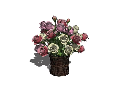 Beautiful Wicker Basket Vase With Pink And White Roses Floral Arrangement 3d model