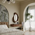 Modern Bedroom Interior Design With Arched Leaf Pattern Wallpaper Upholstered Headboard Pendant Lights And Wardrobe