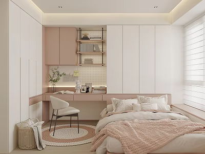 Minimalist Tatami Bedroom Interior With Built in Wardrobe Study Desk And Cozy Bedding 3d model