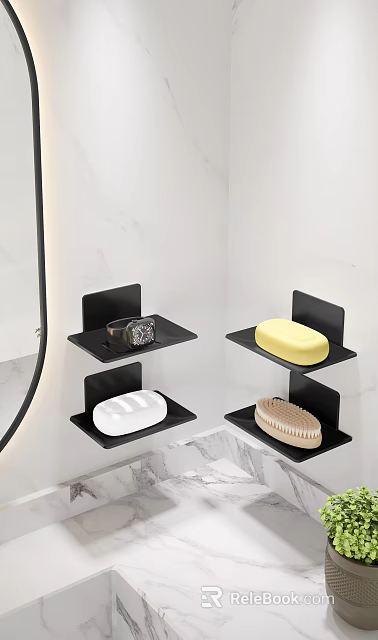 Bathroom Sink Area With Black Shelves Holding Soap Watch And Brush On Marble Countertop 3d model 
