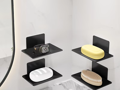 Bathroom Sink Area With Black Shelves Holding Soap Watch And Brush On Marble Countertop 3d model