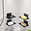 Bathroom Sink Area With Black Shelves Holding Soap Watch And Brush On Marble Countertop
