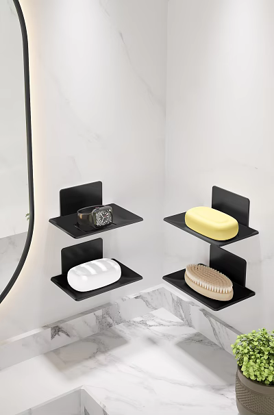 Bathroom Sink Area With Black Shelves Holding Soap Watch And Brush On Marble Countertop 3d model