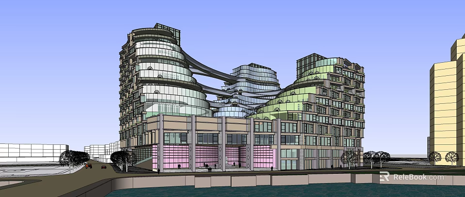 Modern Office Building With Unique Curved Structure And Glass Curtain Walls 3d model 