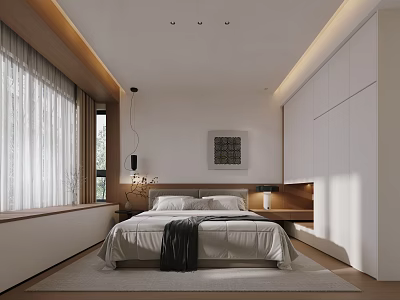 Modern Style Bedroom Interior With White Bed Wardrobe And Soft Lighting 3d model