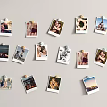 Photo Wall Decorated With Various Photos Attached By Clips On Gray Background