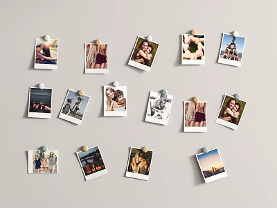 Photo Wall Decorated With Various Photos Attached By Clips On Gray Background 3d model