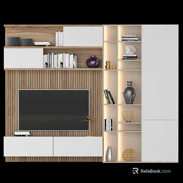 Modern TV Wall Unit With Wooden Shelves Decorative Vases LED Lighting And Storage Cabinets 3d model 