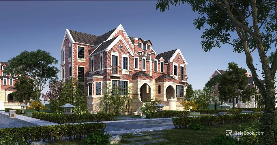 Semi Detached Villa Exterior Design With Red Brick Facade Arched Porches And Landscaped Gardens 3d model 