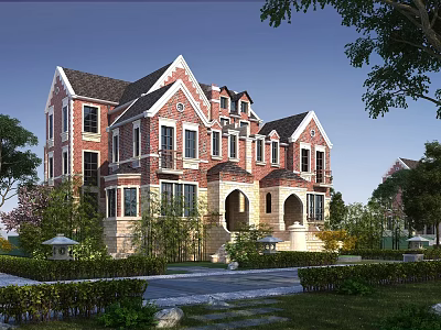 Semi Detached Villa Exterior Design With Red Brick Facade Arched Porches And Landscaped Gardens 3d model