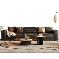 Modern Black Leather Sofa Coffee Table Set With Multicolored Pillows Rug And Floor Lamp 3d model