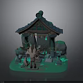 Small House Scene With Blue Roof Eave Figure Green Decorations Glowing Plants Stones And Lanterns