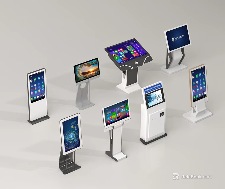 Public Facilities Featuring Standing Touchscreen Kiosks With Various Designs And Displays 3d model