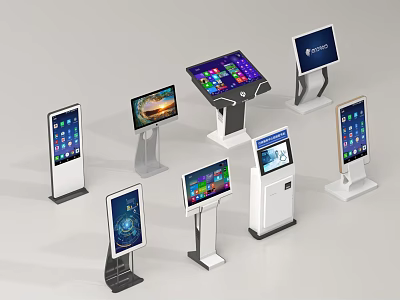 Public Facilities Featuring Standing Touchscreen Kiosks With Various Designs And Displays 3d model
