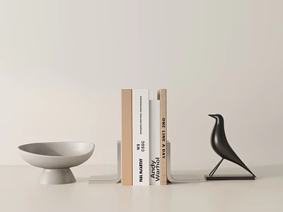Stylish Decorative Ornament Set With Light Gray Bowl Books And Black Bird Figurine 3d model