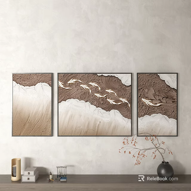 Three Panel Decorative Paintings With Brown White Texture And Gold Dolphin Design 3d model