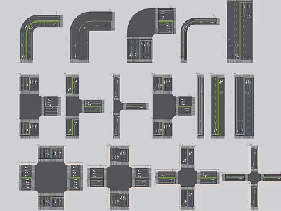 Various Road Facility Designs With Intersections Curves Lane Layouts And Green Strips 3d model