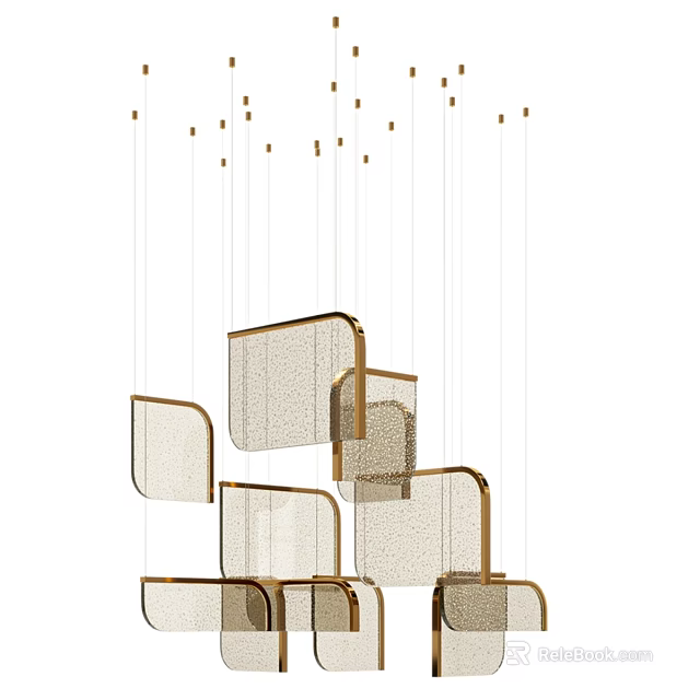 Modern Geometric Chandelier With Gold Frame And Transparent Mesh Shades Hanging In Layered Arrangement 3d model 