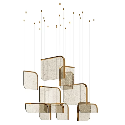 Modern Geometric Chandelier With Gold Frame And Transparent Mesh Shades Hanging In Layered Arrangement 3d model