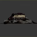 Off road truck traversing volcanic lava terrain with small red structure
