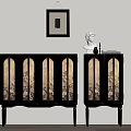 Black Decorative Cabinets Featuring Glass Doors Statue Books On Top And Wall Painting