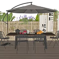 Outdoor Dining Table Set With Chairs White Umbrella Natural Plants And Bamboo Decor