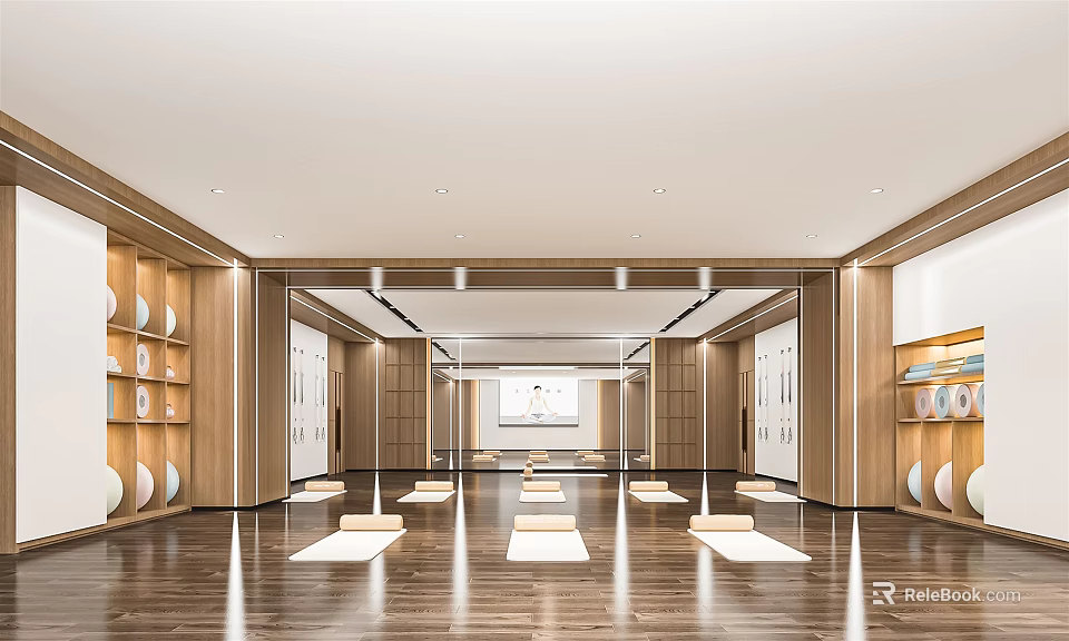 Modern Yoga Studio With Wooden Interior Yoga Mats And Mirror Walls For Fitness 3d model 