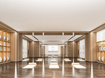 Modern Yoga Studio With Wooden Interior Yoga Mats And Mirror Walls For Fitness 3d model