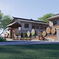 Traditional Rural Self Built House Courtyard With Millstones Wooden Wheels Green Trees And Stone Pavement