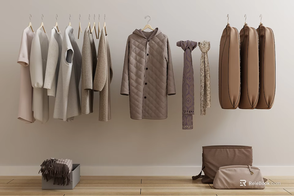 Clothes Hanging On Hangers With Various Styles Coats Sweaters Scarves And Storage Bags 3d model 