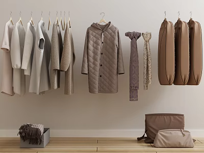 Clothes Hanging On Hangers With Various Styles Coats Sweaters Scarves And Storage Bags 3d model