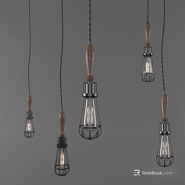 Industrial Retro Pendant Lights With Wooden Handles Metal Frames And Edison Bulbs 3d model 