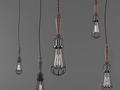 Industrial Retro Pendant Lights With Wooden Handles Metal Frames And Edison Bulbs 3d model