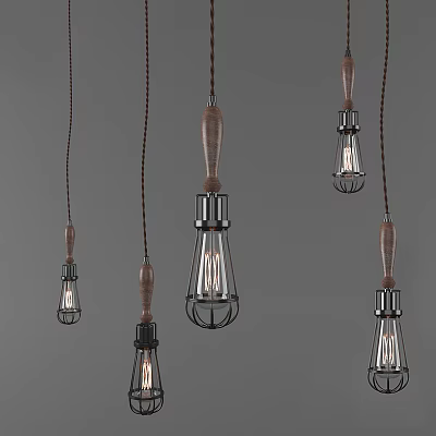 Industrial Retro Pendant Lights With Wooden Handles Metal Frames And Edison Bulbs 3d model