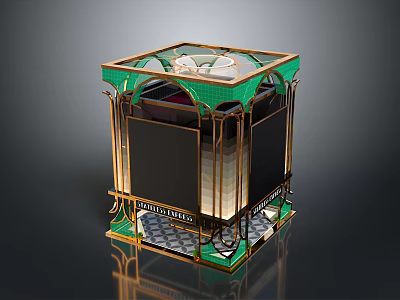 Modern Cube Structure With Green And Gold Accents Glass Top And Checkered Base 3d model