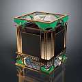 Modern Cube Structure With Green And Gold Accents Glass Top And Checkered Base