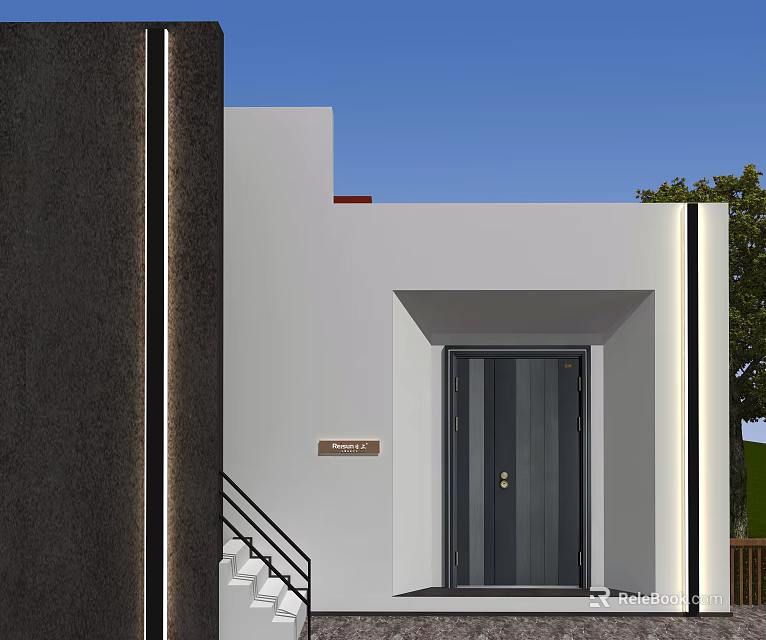 Modern Building Entrance Design With White Walls Black Door Staircase And Doorplate 3d model 