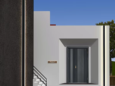 Modern Building Entrance Design With White Walls Black Door Staircase And Doorplate 3d model