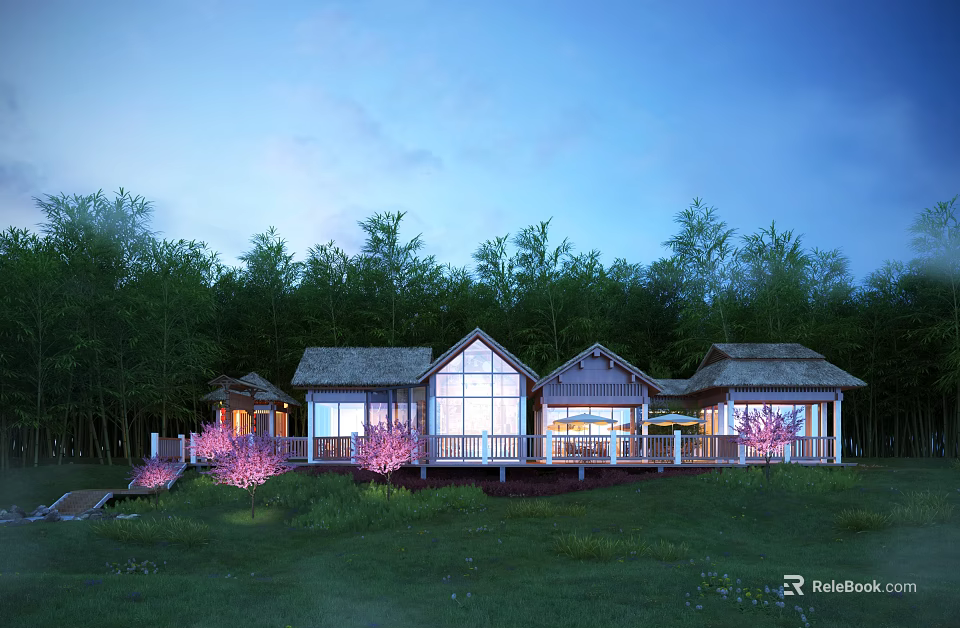 Detached Villa With Large Windows Terrace And Pink Flowering Trees In Evening 3d model 