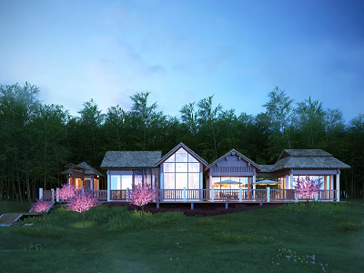 Detached Villa With Large Windows Terrace And Pink Flowering Trees In Evening 3d model