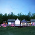 Detached Villa With Large Windows Terrace And Pink Flowering Trees In Evening