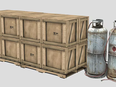Industrial Equipment Featuring Stacked Wooden Crates And Metal Gas Cylinders 3d model