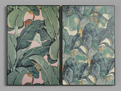 Vibrant Botanical Paintings with Green Banana Leaves Pink Background and Blue Tones 3d model