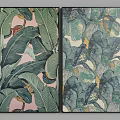 Vibrant Botanical Paintings with Green Banana Leaves Pink Background and Blue Tones