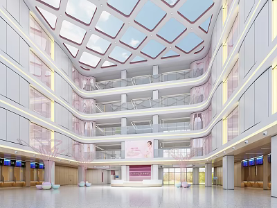 Hospital Outpatient Clinic Spacious Lobby With Multi Level Corridors Glass Skylights And Pink Decorations 3d model